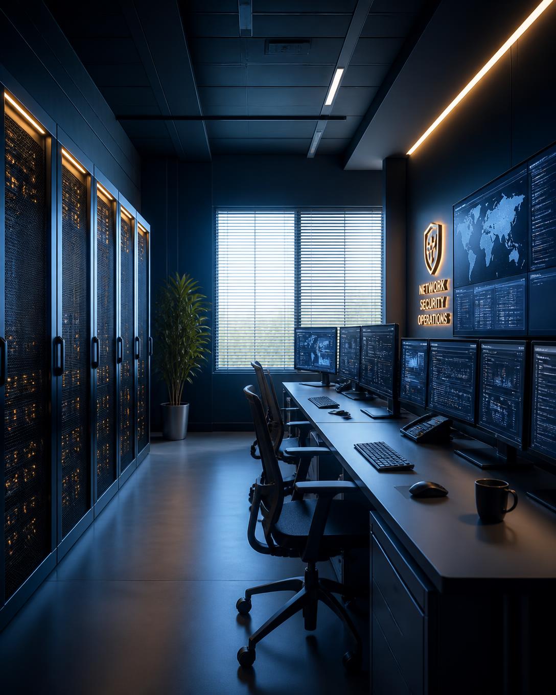 Network and security operations room with server racks in Southern California